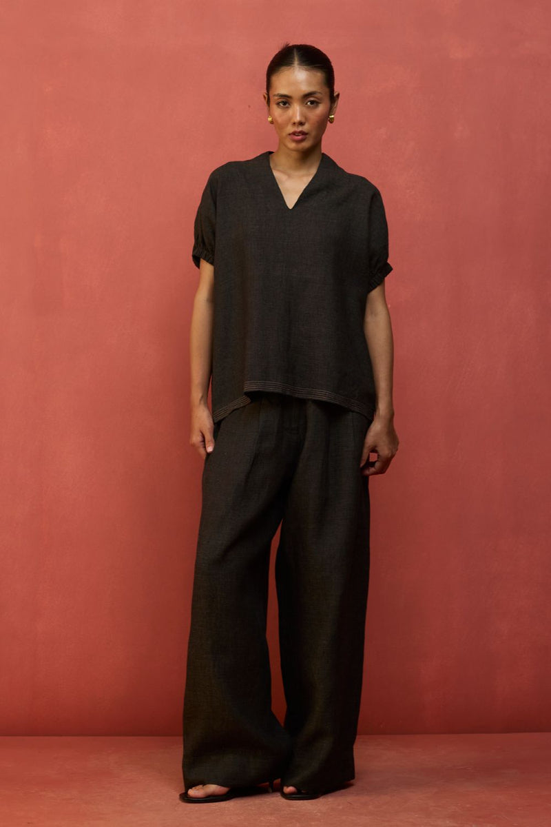 Hoshi Linen Top - Charcoal by Manan for Worldwide
