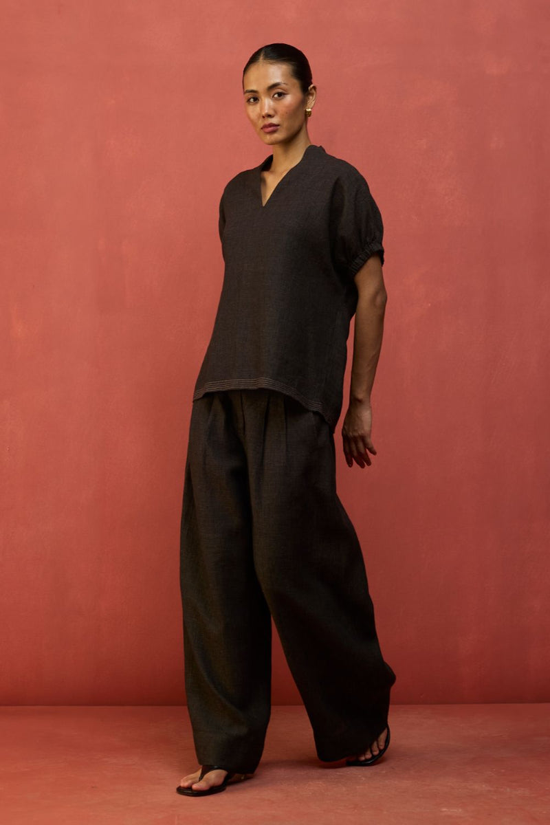 Hoshi Linen Top - Charcoal by Manan for Worldwide