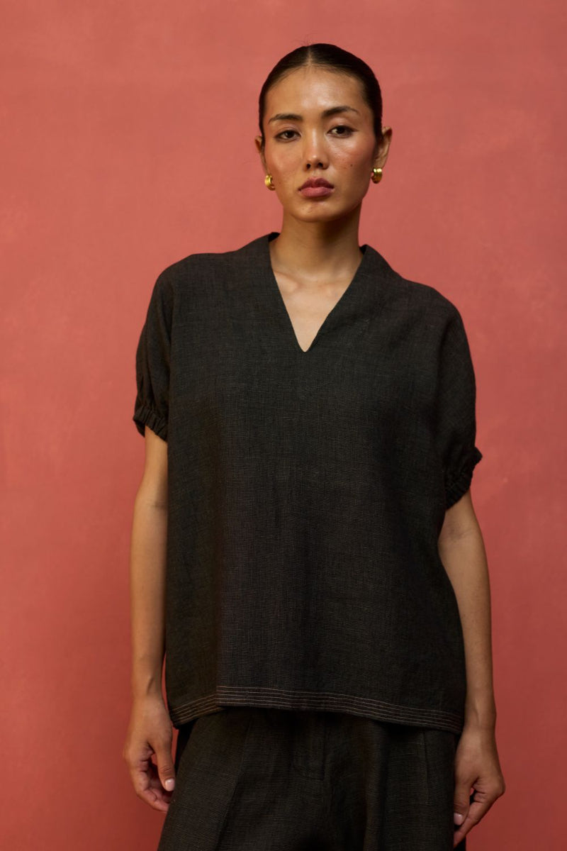Hoshi Linen Top - Charcoal by Manan for Worldwide