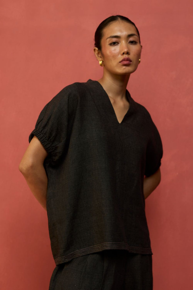 Hoshi Linen Top - Charcoal by Manan for Worldwide