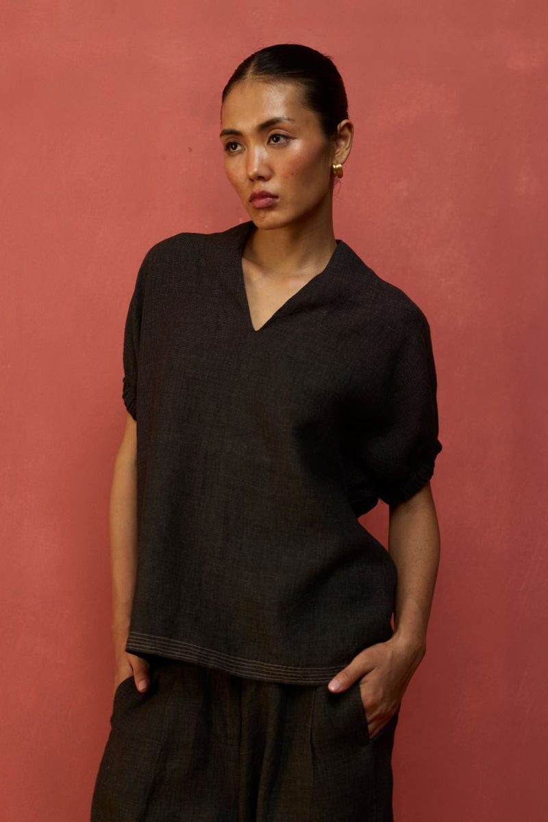 Hoshi Linen Top - Charcoal by Manan for Worldwide