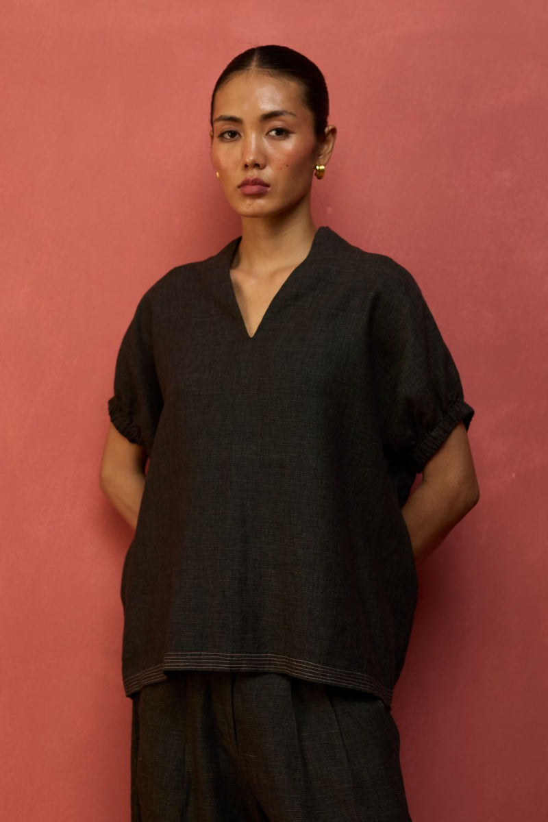 Hoshi Linen Top - Charcoal by Manan for Worldwide