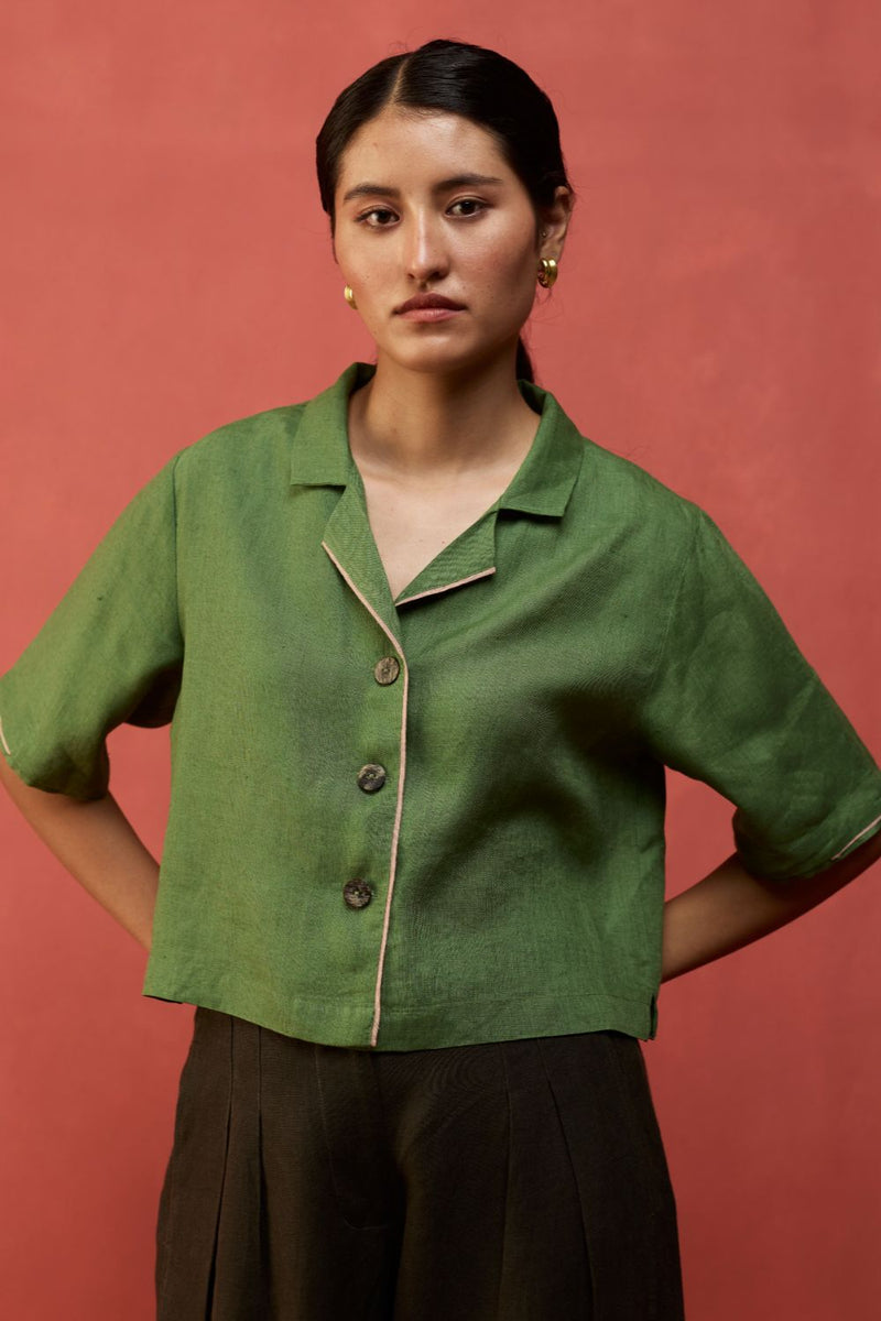 Kiera Cuban Collar Linen Shirt - Fern Green by Manan for Worldwide
