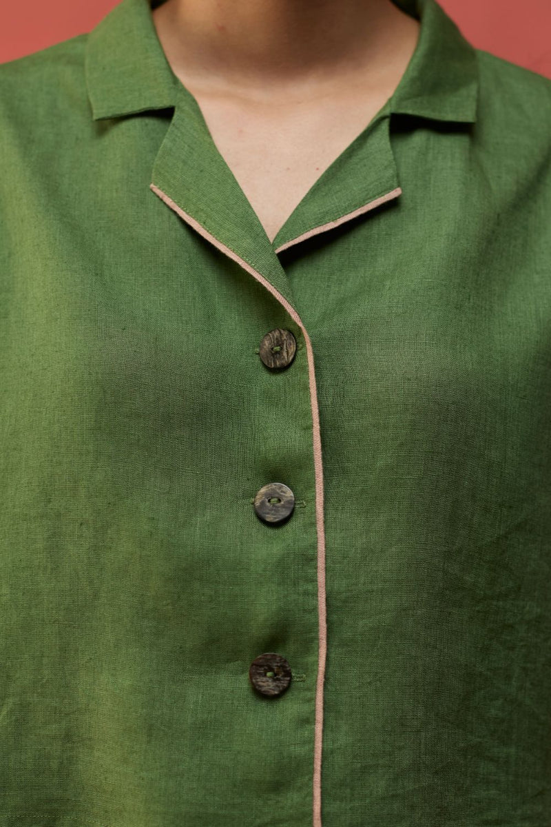 Kiera Cuban Collar Linen Shirt - Fern Green by Manan for Worldwide
