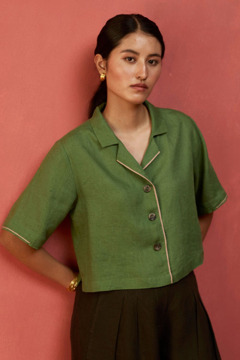 Kiera Cuban Collar Linen Shirt - Fern Green by Manan for Worldwide