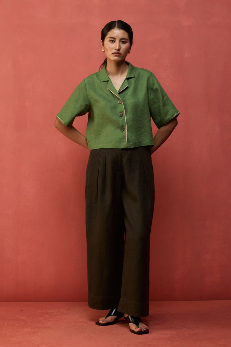 Kiera Cuban Collar Linen Shirt - Fern Green by Manan for Worldwide