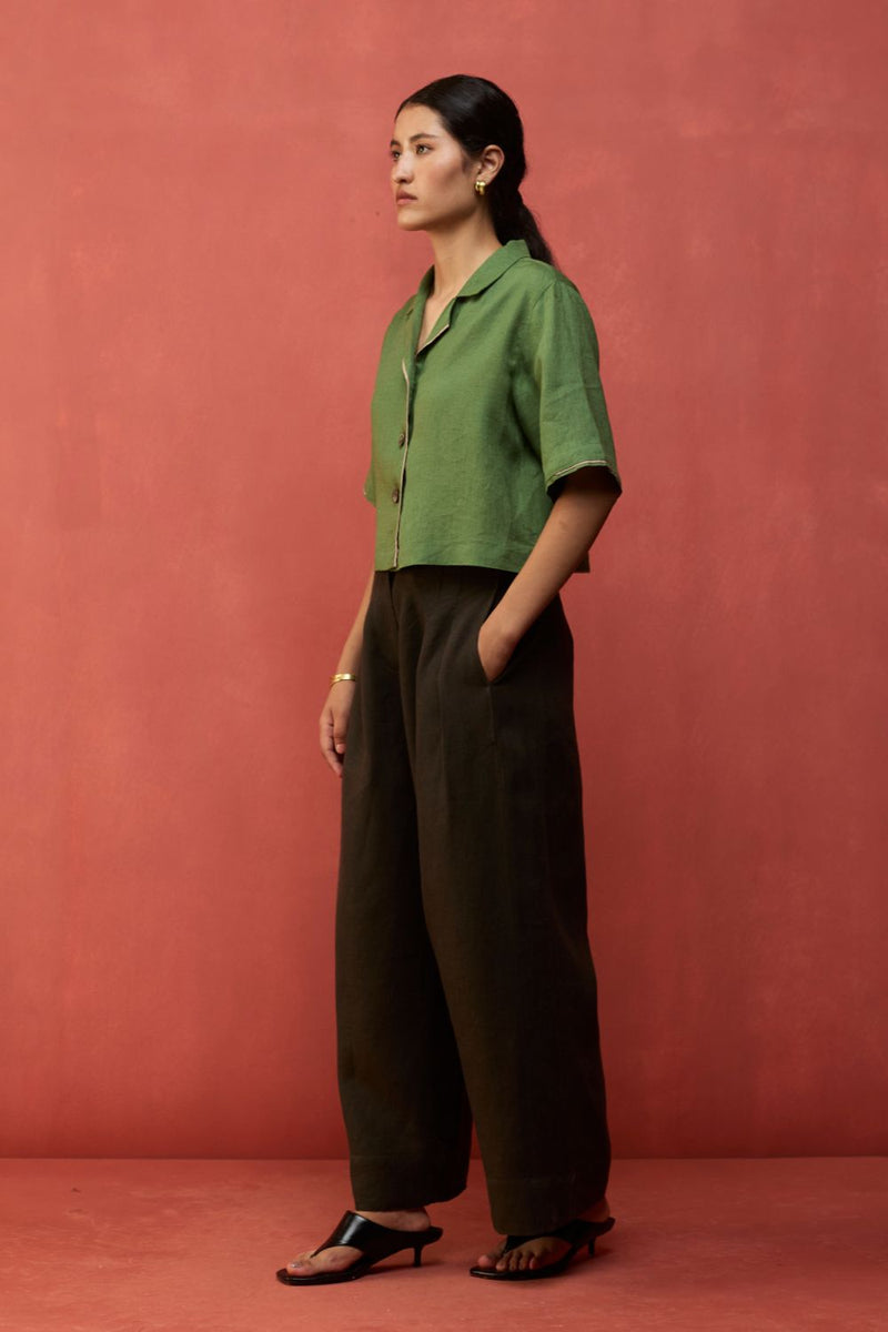 Kiera Cuban Collar Linen Shirt - Fern Green by Manan for Worldwide