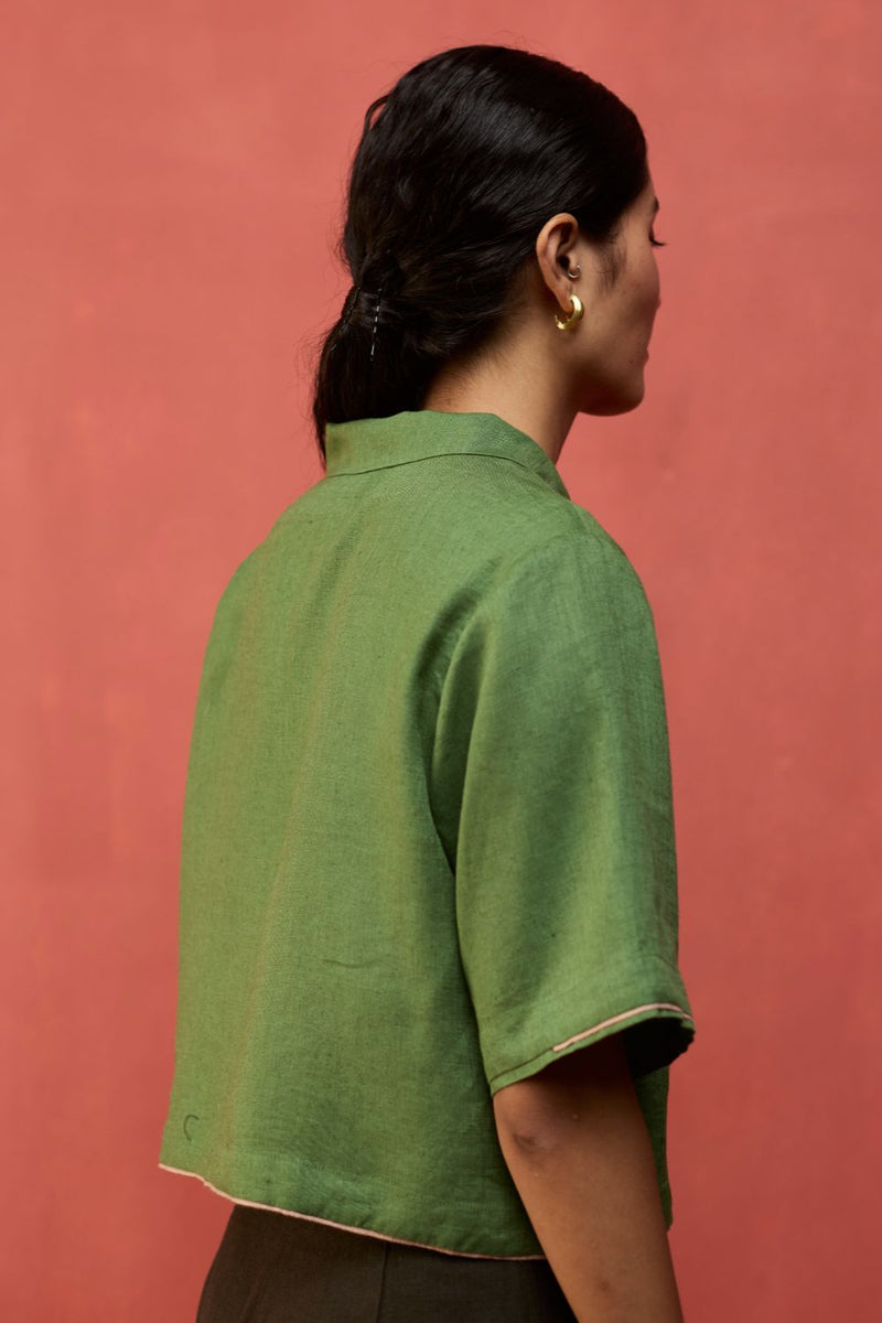 Kiera Cuban Collar Linen Shirt - Fern Green by Manan for Worldwide