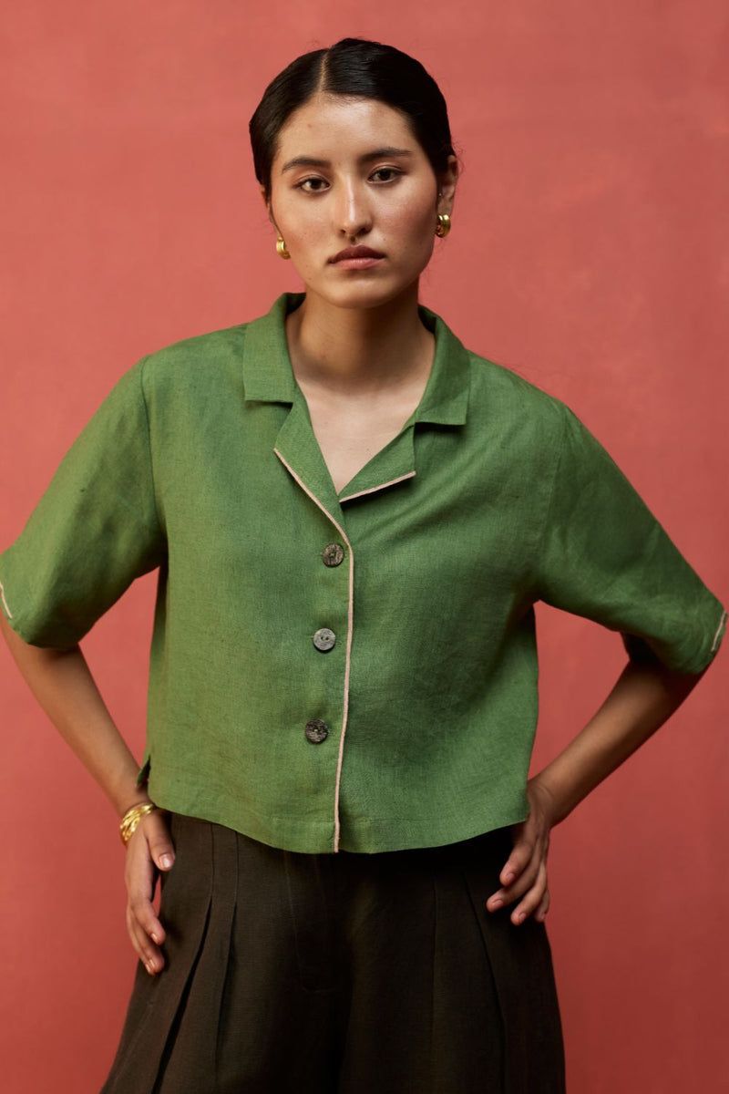 Kiera Cuban Collar Linen Shirt - Fern Green by Manan for Worldwide