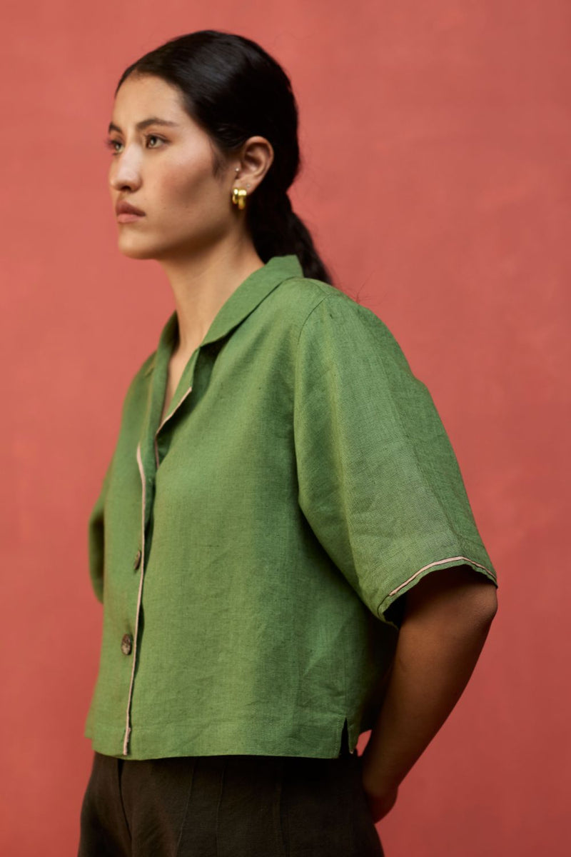 Kiera Cuban Collar Linen Shirt - Fern Green by Manan for Worldwide