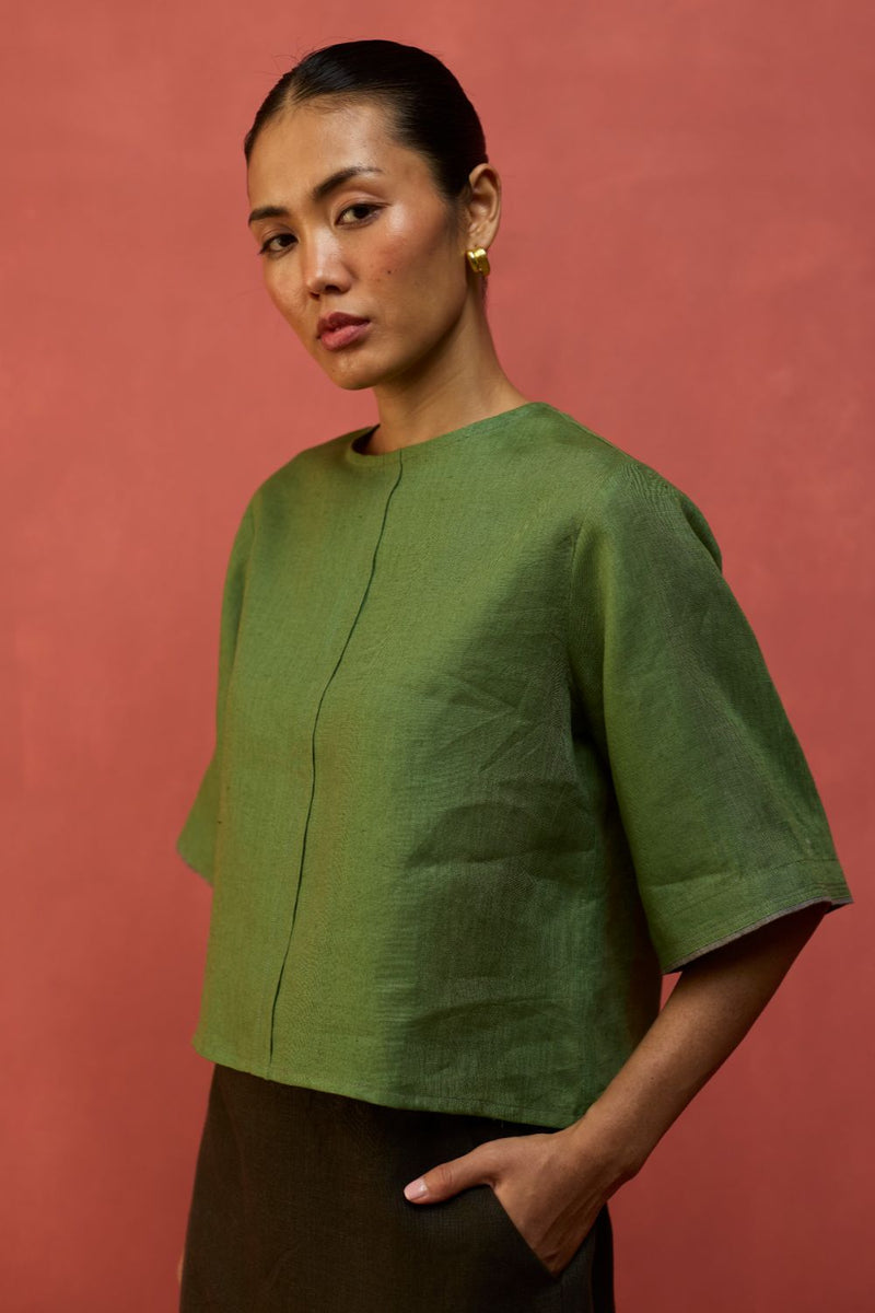 Mariko Cropped Linen Top - Fern Green by Manan for Worldwide