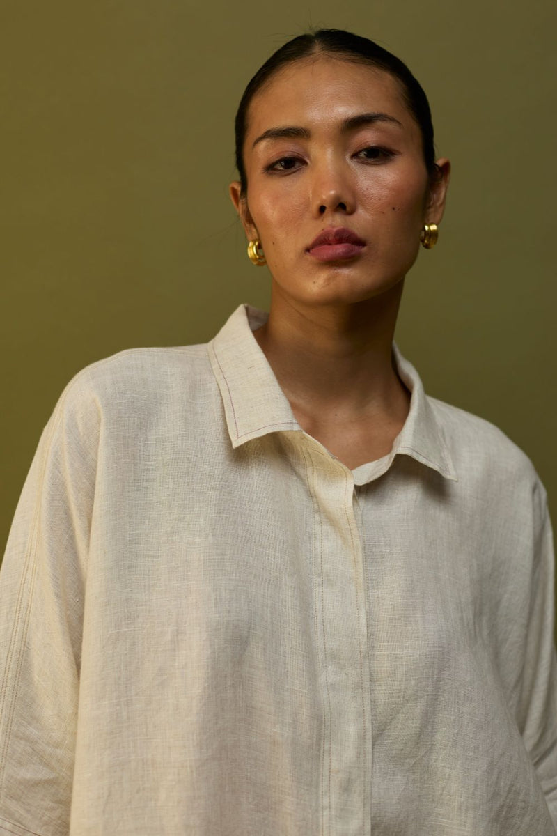 Sumire Curved Hem Linen Top - Off White linen by Manan in ivory color for women Worldwide
