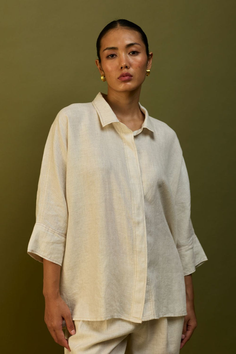 Sumire Curved Hem Linen Top - Off White linen by Manan in ivory color for women Worldwide