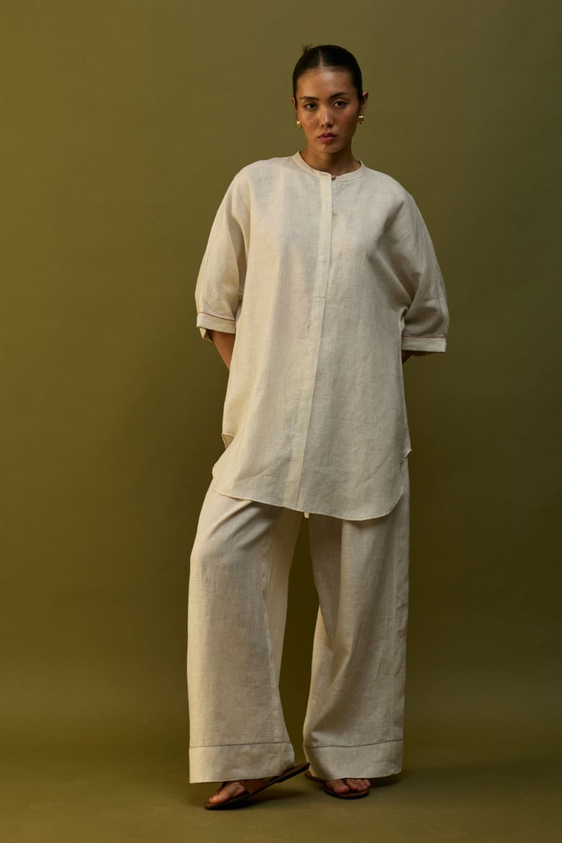 Sumire Curved Hem Linen Top - Off White linen by Manan in ivory color for women Worldwide