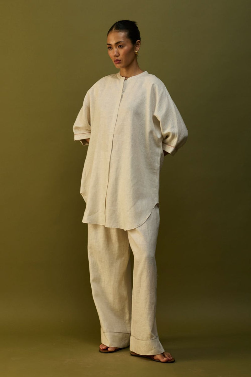 Sumire Curved Hem Linen Top - Off White linen by Manan in ivory color for women Worldwide