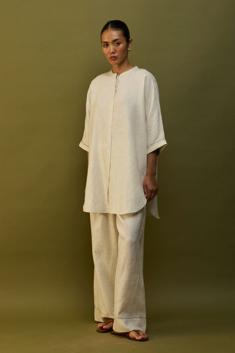 Sumire Curved Hem Linen Top - Off White linen by Manan in ivory color for women Worldwide