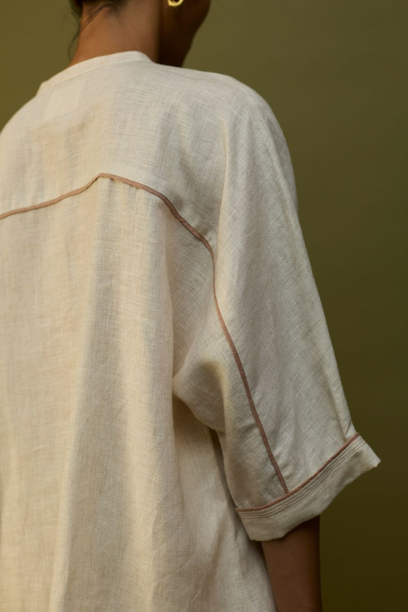 Sumire Curved Hem Linen Top - Off White linen by Manan in ivory color for women Worldwide