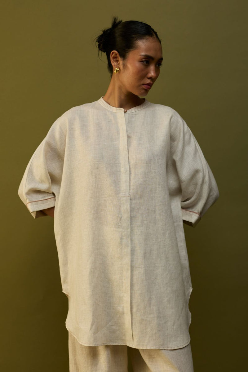 Sumire Curved Hem Linen Top - Off White linen by Manan in ivory color for women Worldwide