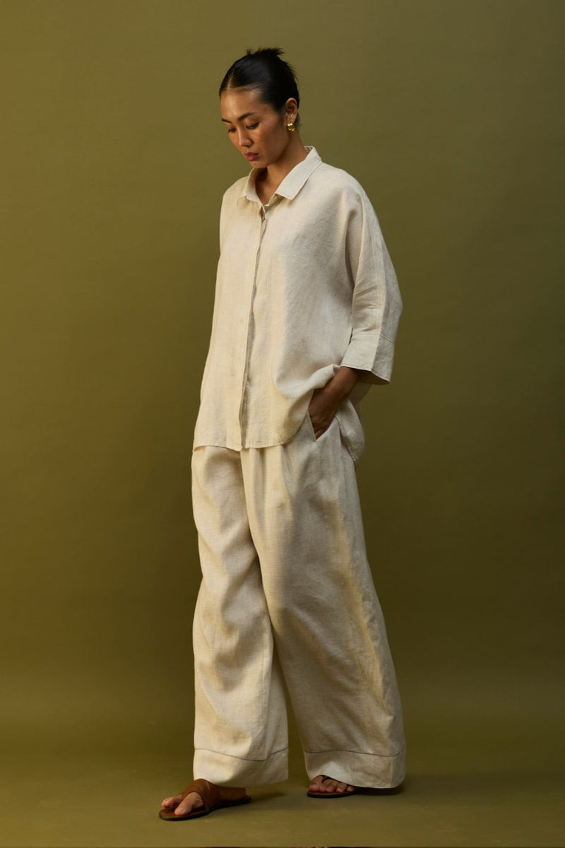 Sumire Curved Hem Linen Top - Off White linen by Manan in ivory color for women Worldwide