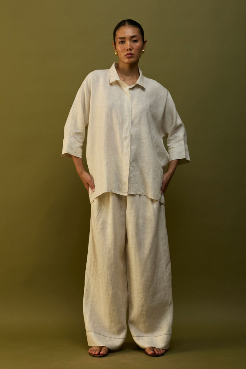 Sumire Curved Hem Linen Top - Off White linen by Manan in ivory color for women Worldwide