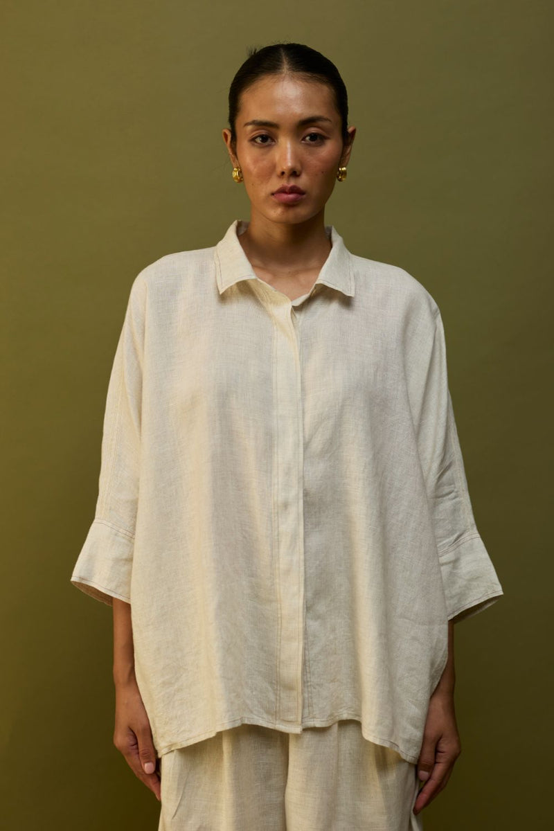 Sumire Curved Hem Linen Top - Off White linen by Manan in ivory color for women Worldwide