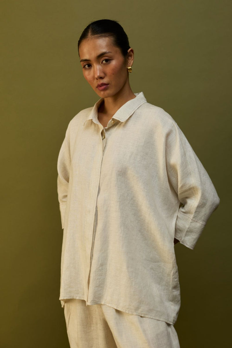Sumire Curved Hem Linen Top - Off White linen by Manan in ivory color for women Worldwide