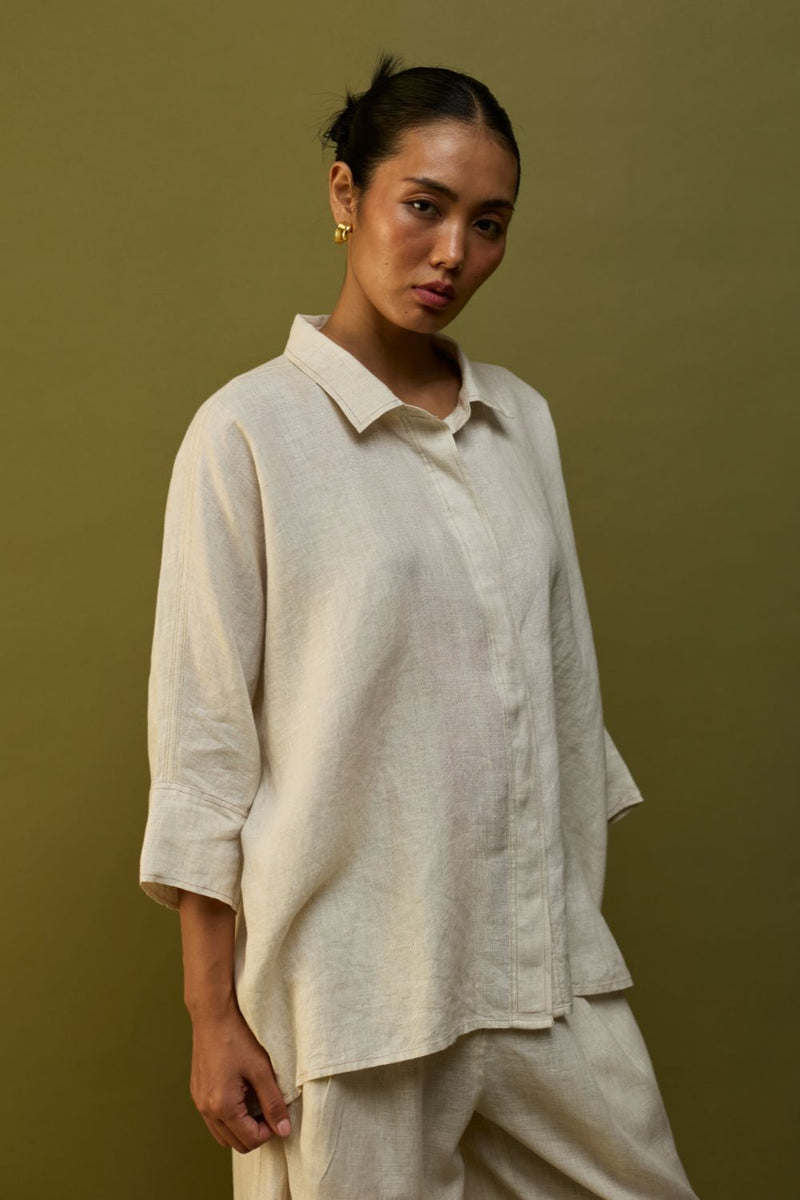 Sumire Curved Hem Linen Top - Off White linen by Manan in ivory color for women Worldwide