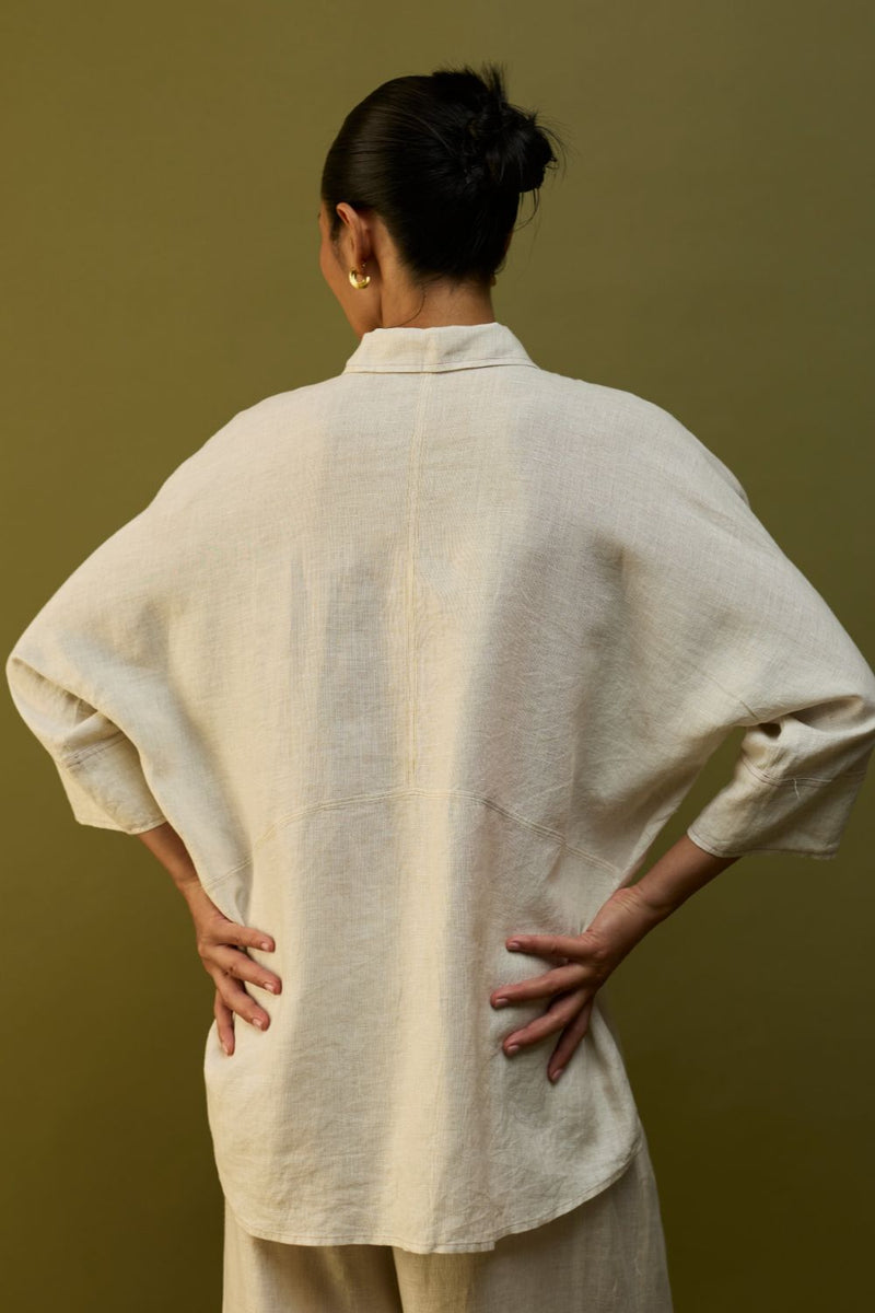 Sumire Curved Hem Linen Top - Off White linen by Manan in ivory color for women Worldwide