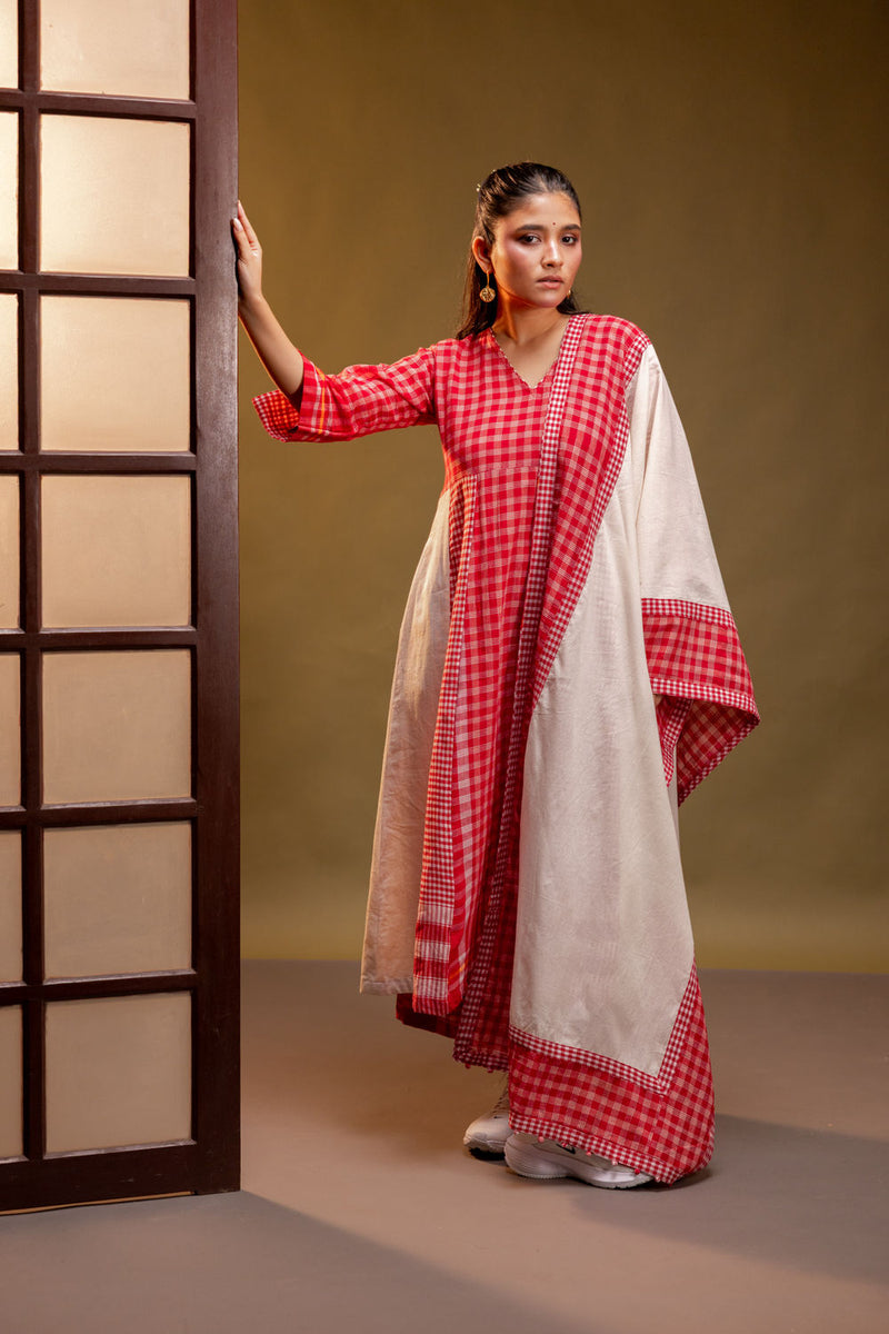Ardor Panelled Dress + Palazzo + Dupatta (Set) cotton, gamcha co-ord set by 145 East in red, white for women Worldwide