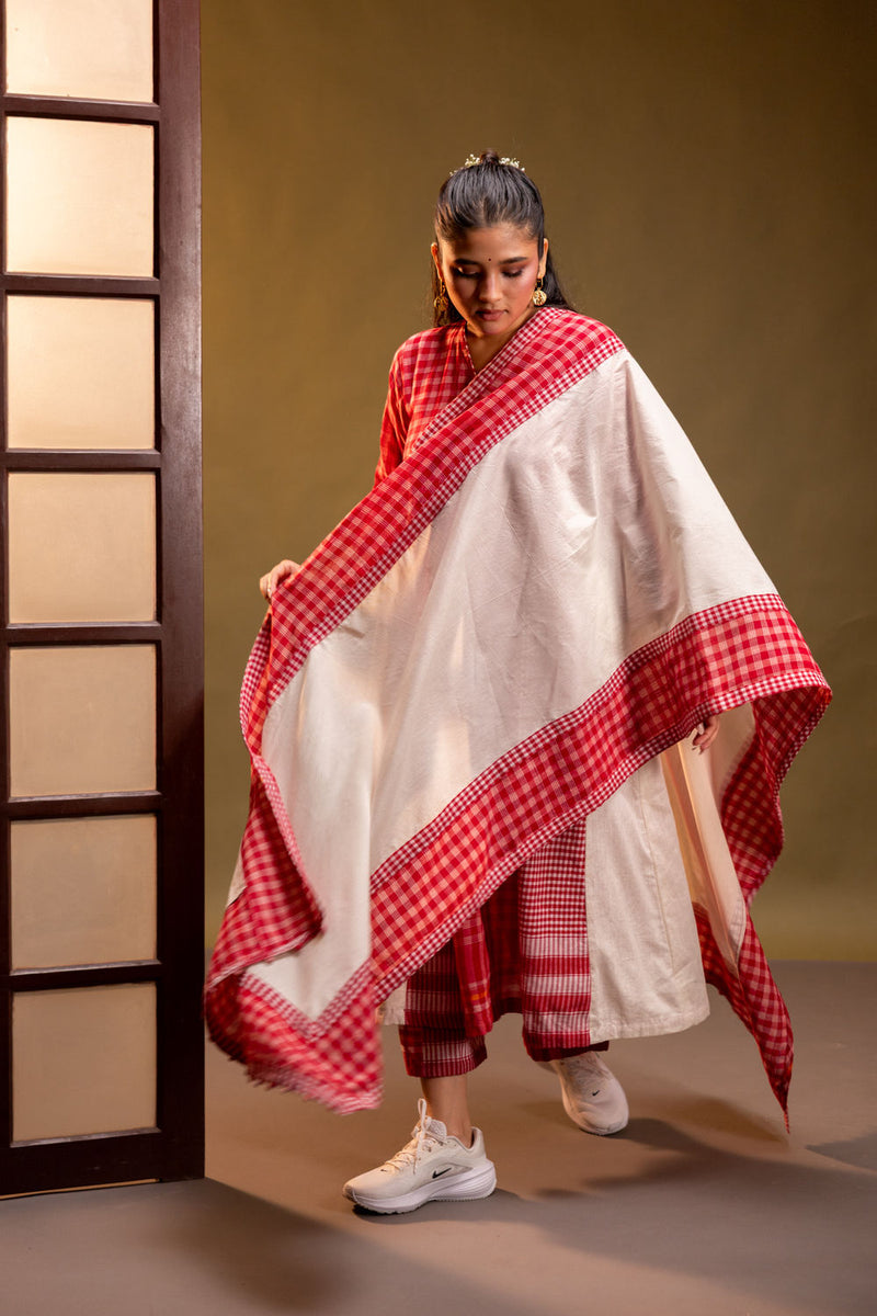 Ardor Panelled Dress + Palazzo + Dupatta (Set) cotton, gamcha co-ord set by 145 East in red, white for women Worldwide