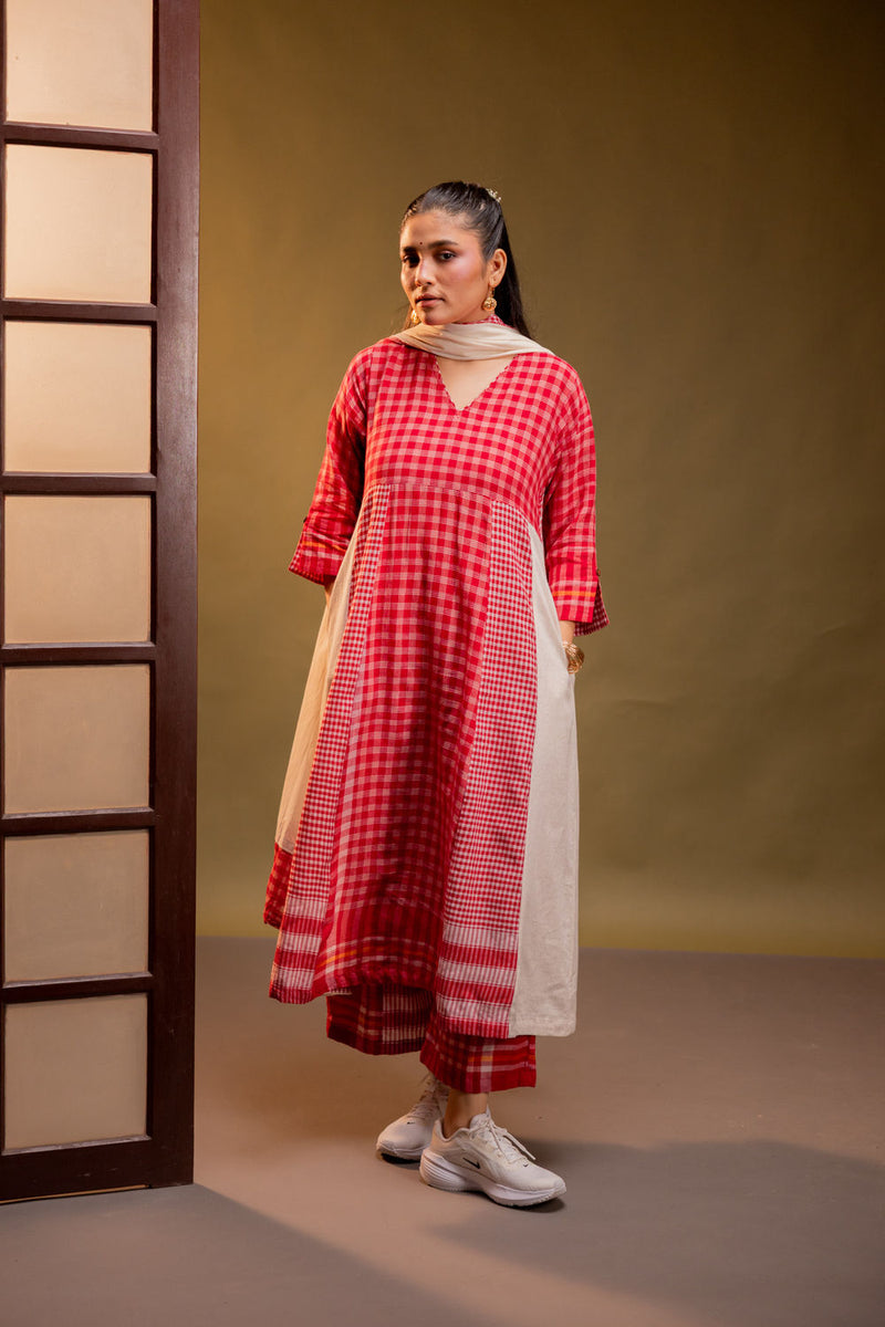 Ardor Panelled Dress + Palazzo + Dupatta (Set) cotton, gamcha co-ord set by 145 East in red, white for women Worldwide