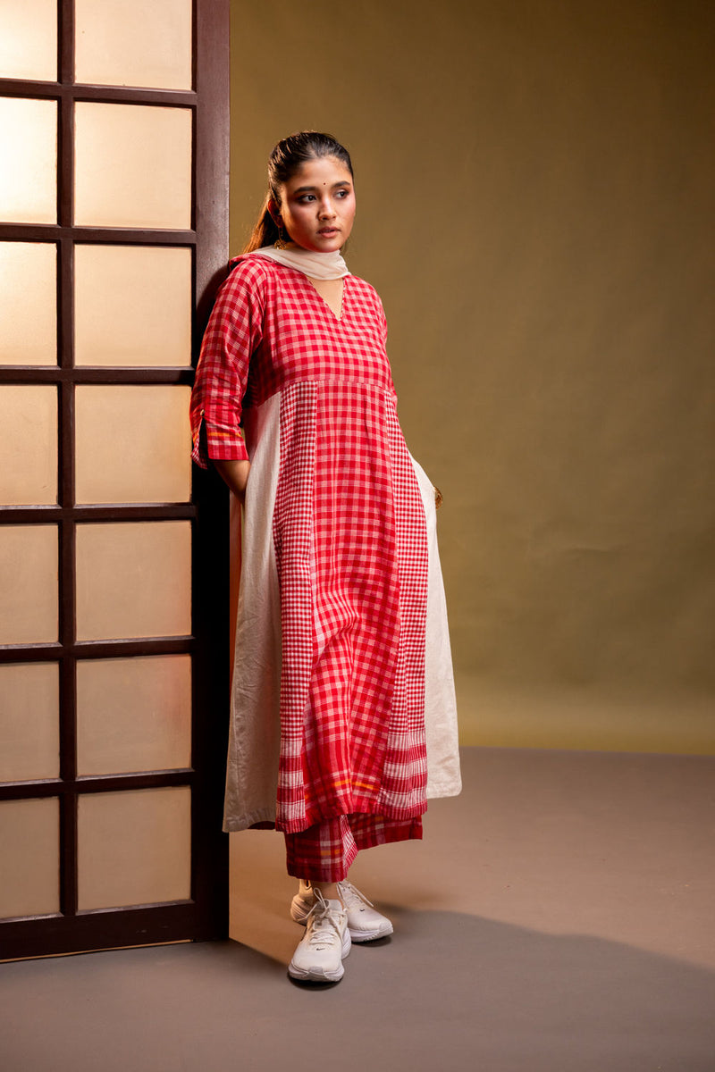 Ardor Panelled Dress + Palazzo + Dupatta (Set) cotton, gamcha co-ord set by 145 East in red, white for women Worldwide