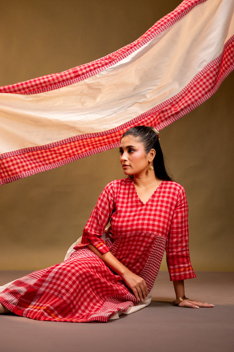 Ardor Panelled Dress + Palazzo + Dupatta (Set) cotton, gamcha co-ord set by 145 East in red, white for women Worldwide
