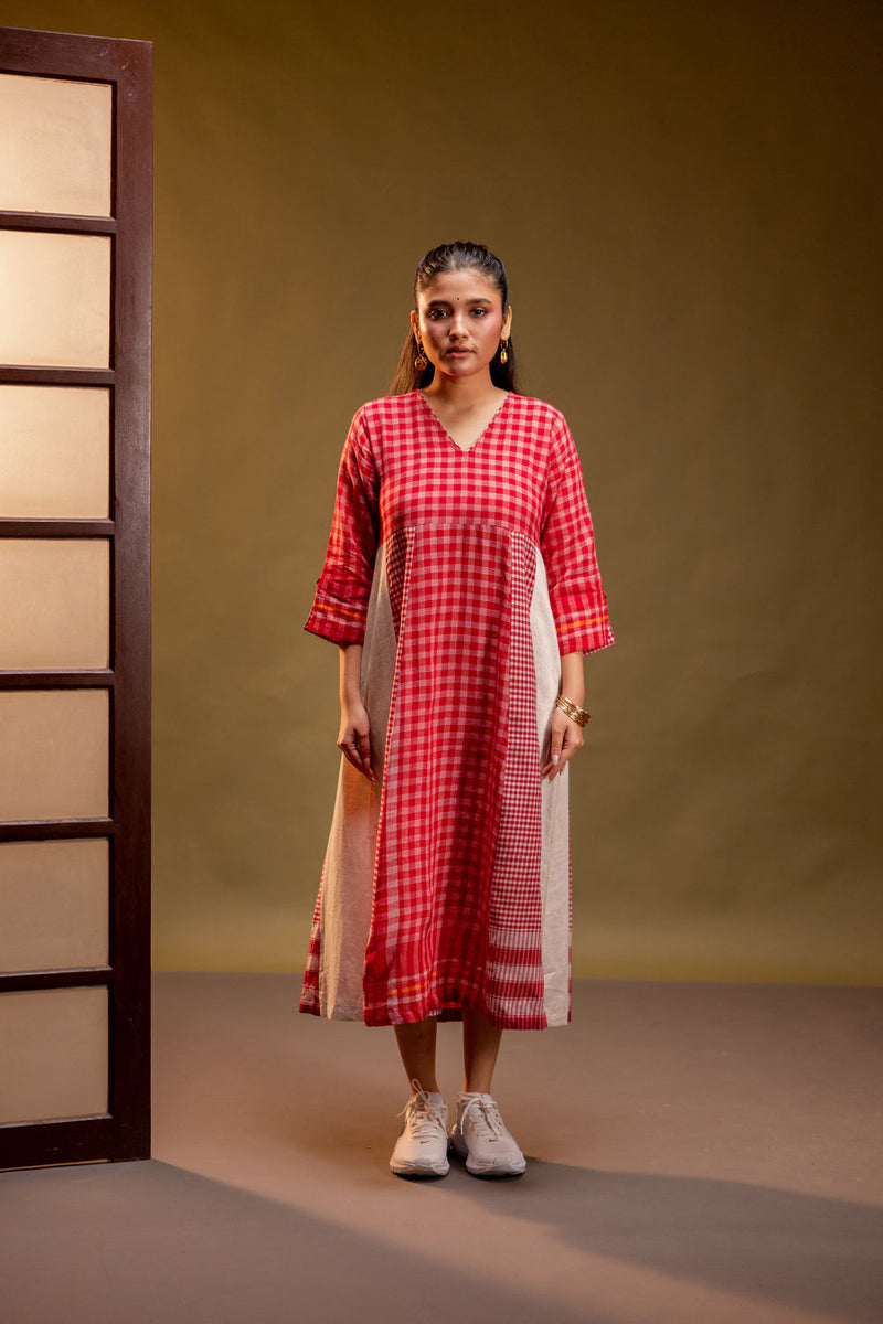 Ardor Panelled Dress cotton, gamcha dress by 145 East in red, white for women Worldwide