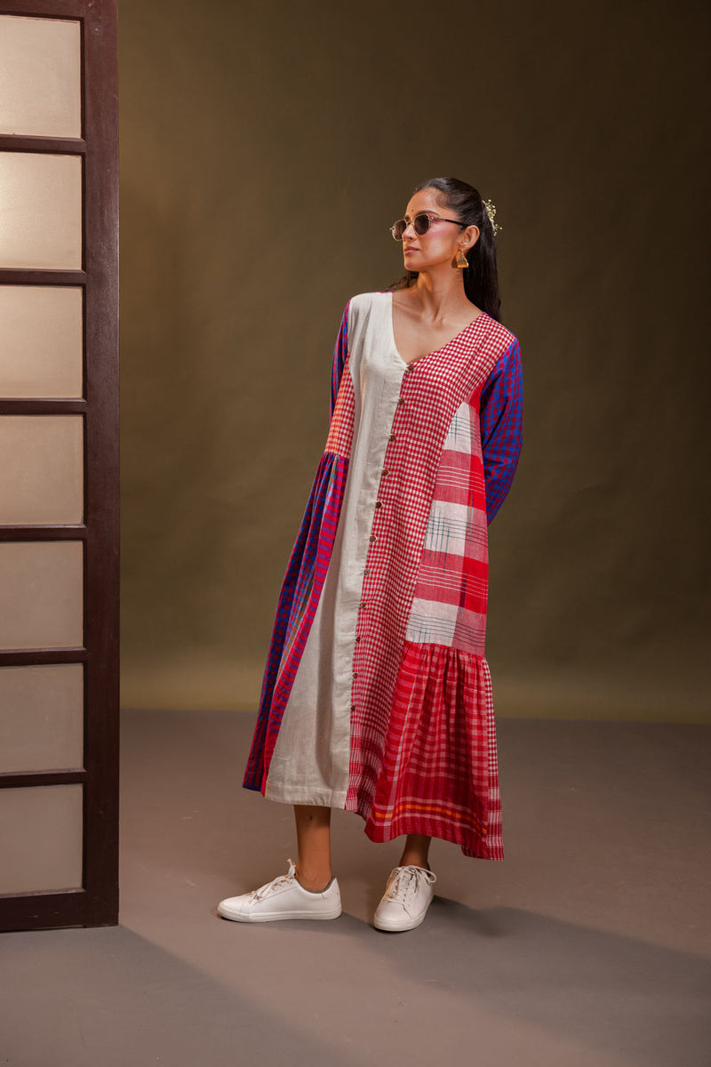 Vera Dress cotton, gamcha dress by 145 East in red, white, purple for women Worldwide