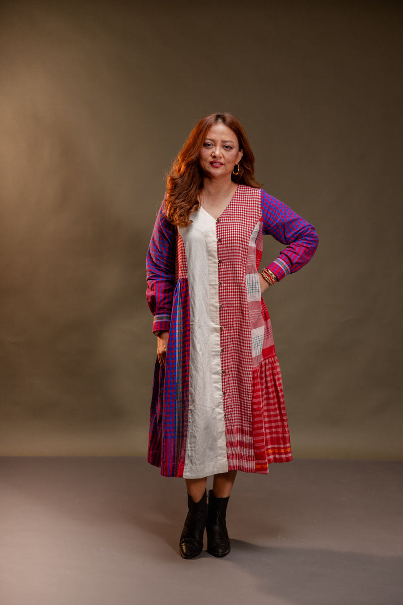 Vera Dress cotton, gamcha dress by 145 East in red, white, purple for women Worldwide