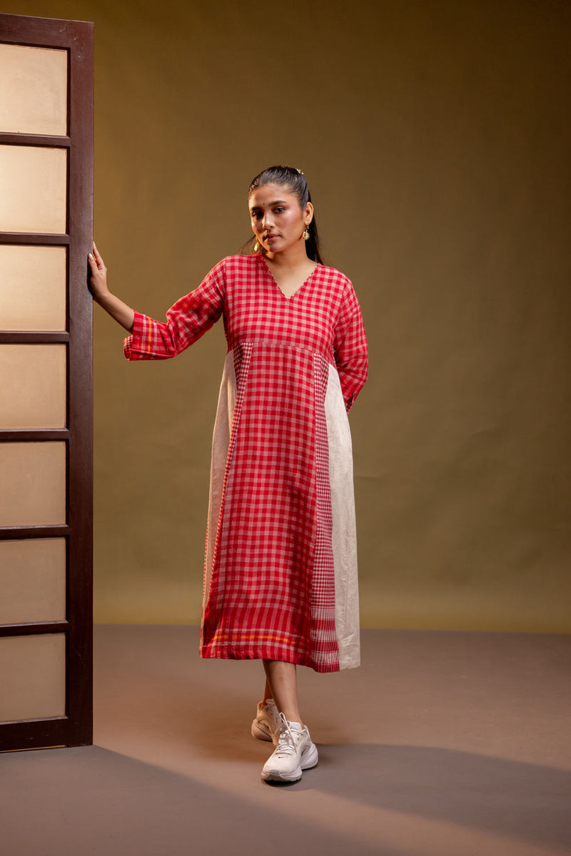 Ardor Panelled Dress cotton, gamcha dress by 145 East in red, white for women Worldwide