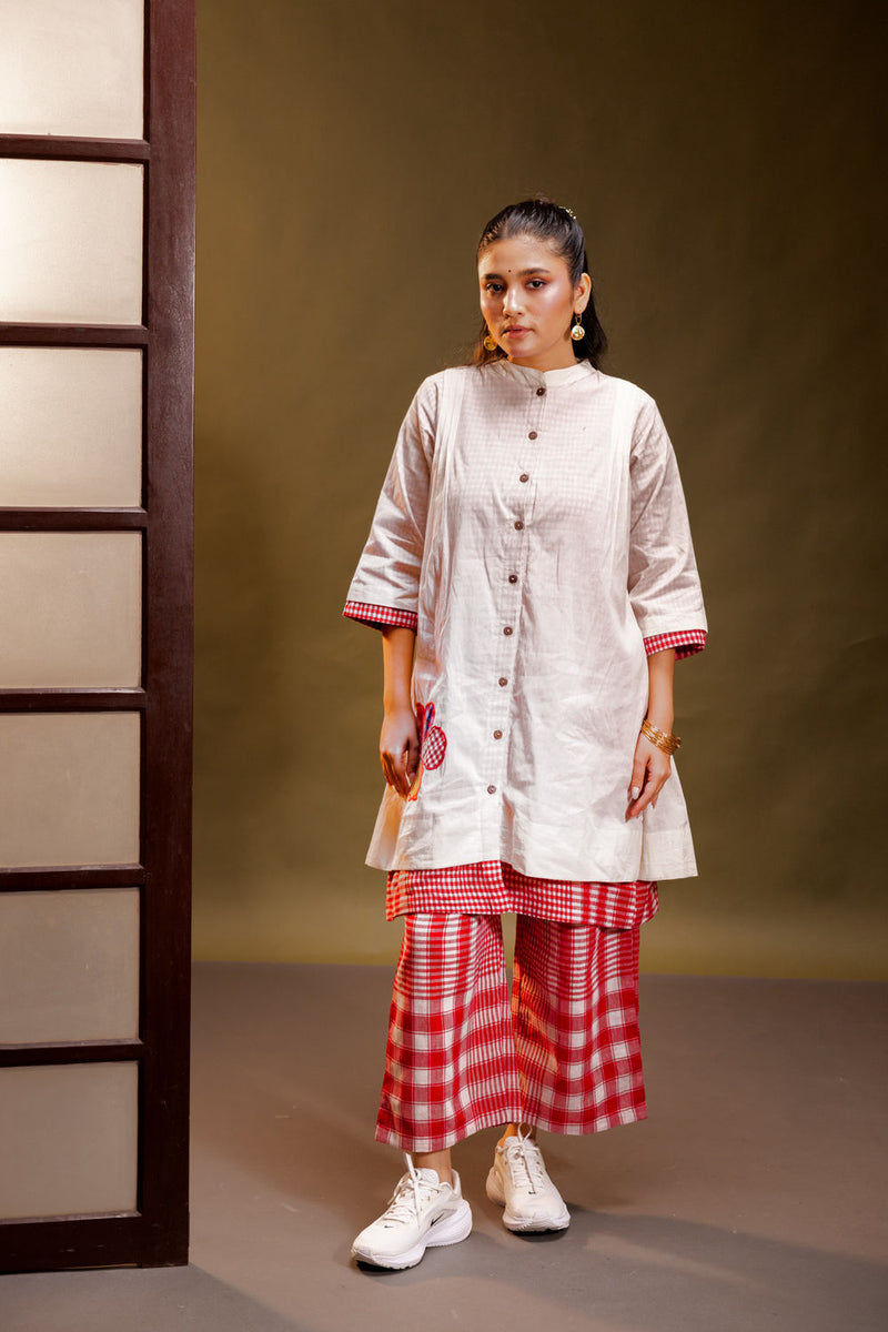 Raindance Dress + Palazzo (Set) cotton, gamcha co-ord set by 145 East in red, white for women Worldwide