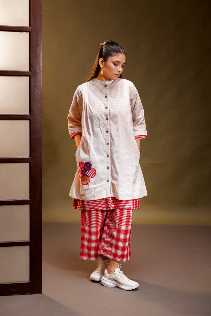 Raindance Dress + Palazzo (Set) cotton, gamcha co-ord set by 145 East in red, white for women Worldwide