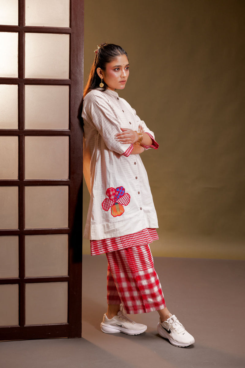 Raindance Dress + Palazzo (Set) cotton, gamcha co-ord set by 145 East in red, white for women Worldwide