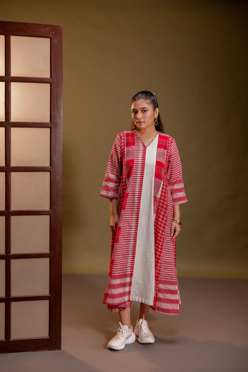 Muse 16 Panelled Dress + Palazzo (Set) cotton, gamcha co-ord set by 145 East in red, white for women Worldwide