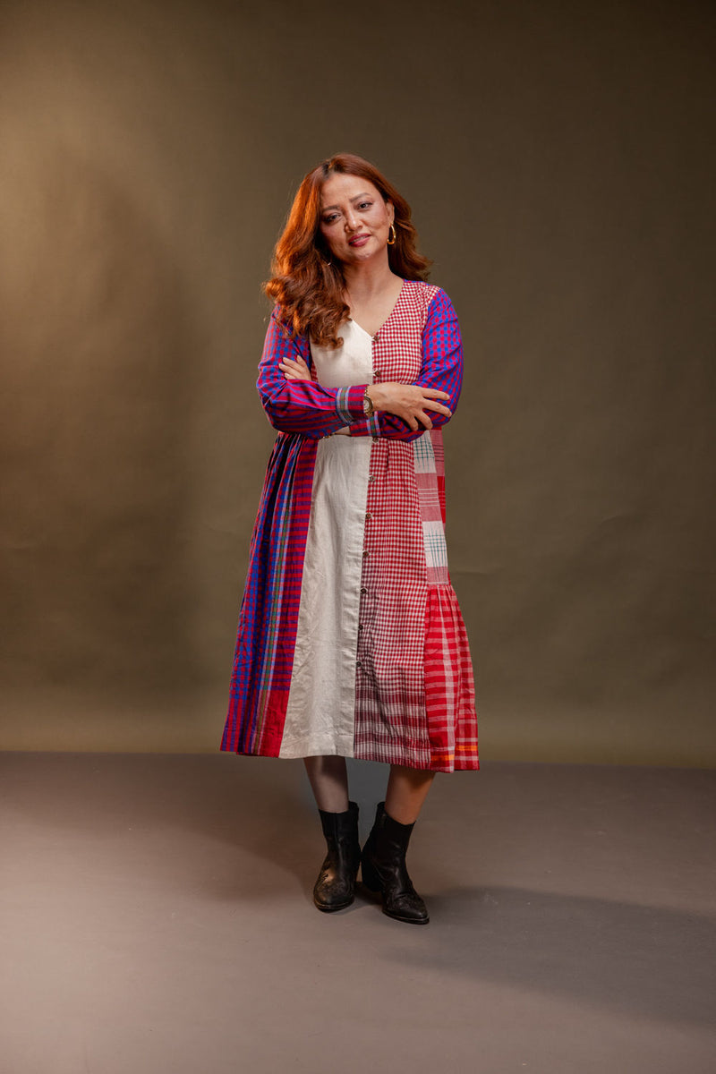 Vera Dress cotton, gamcha dress by 145 East in red, white, purple for women Worldwide