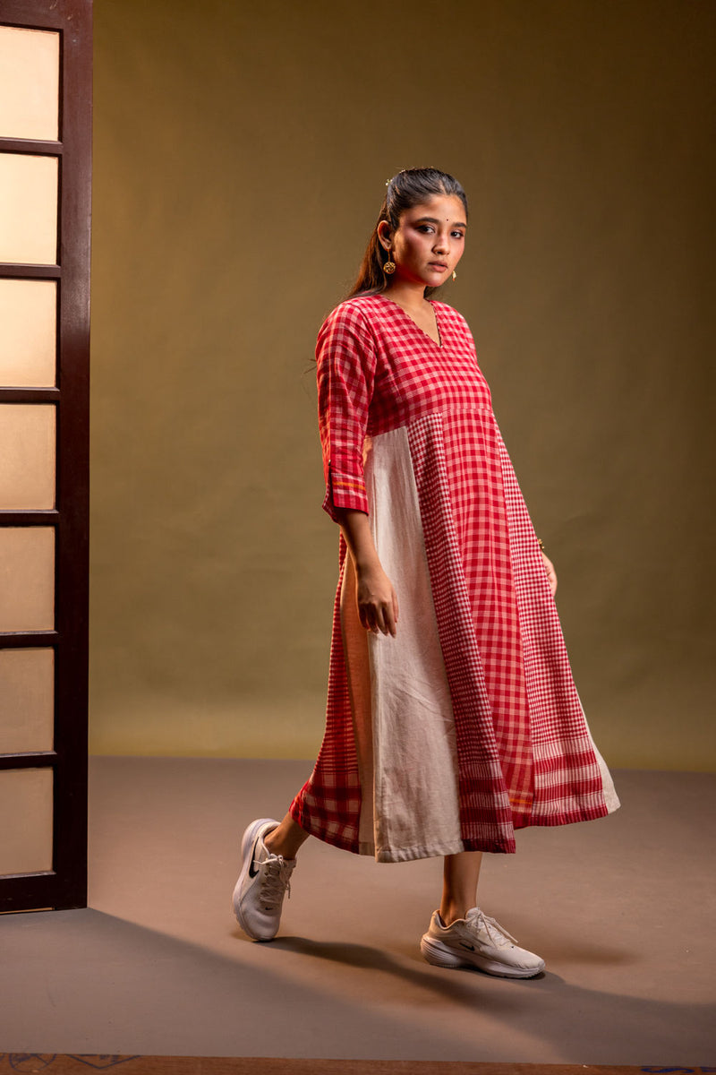 Ardor Panelled Dress cotton, gamcha dress by 145 East in red, white for women Worldwide