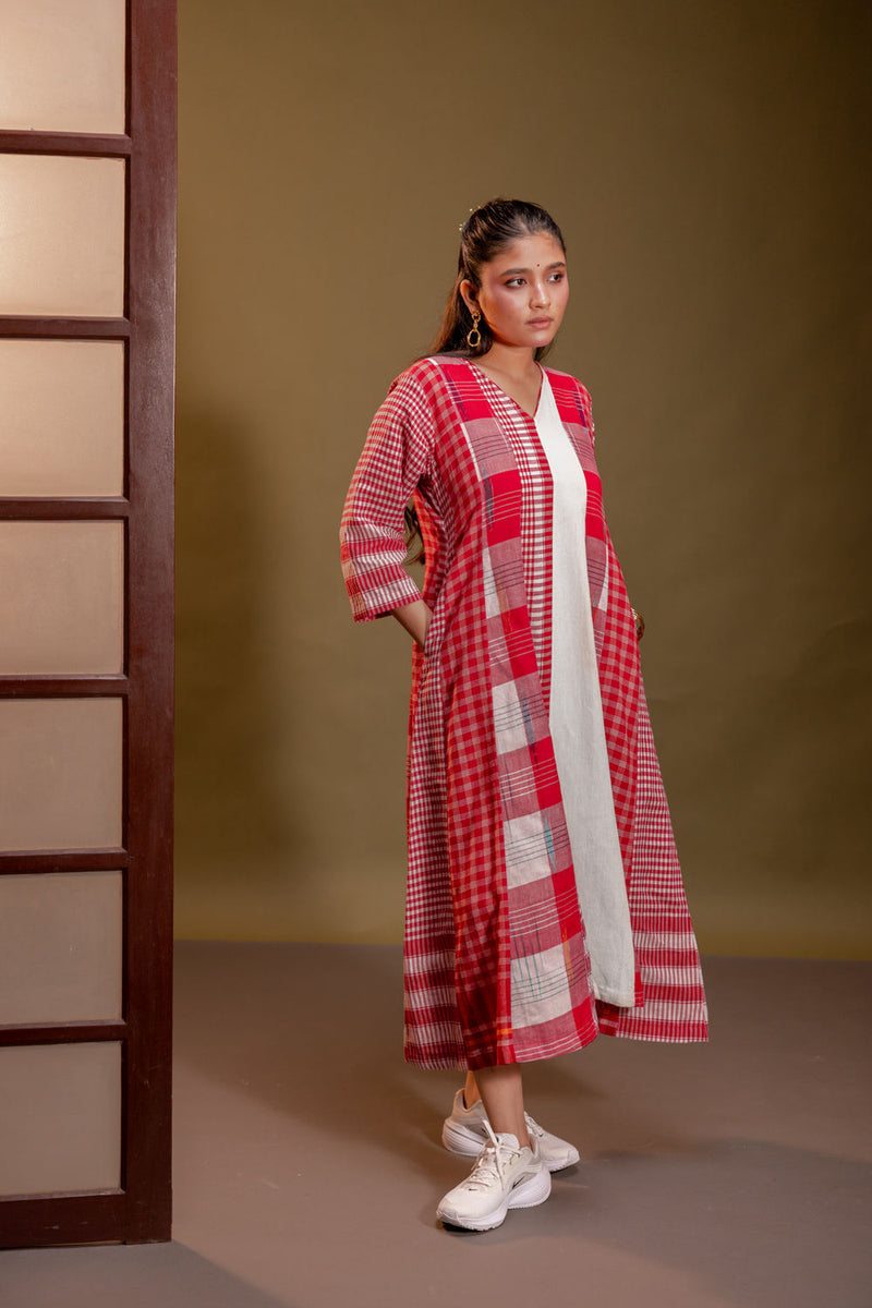 Muse 16 Panelled Dress cotton, gamcha dress by 145 East in red, white for women Worldwide