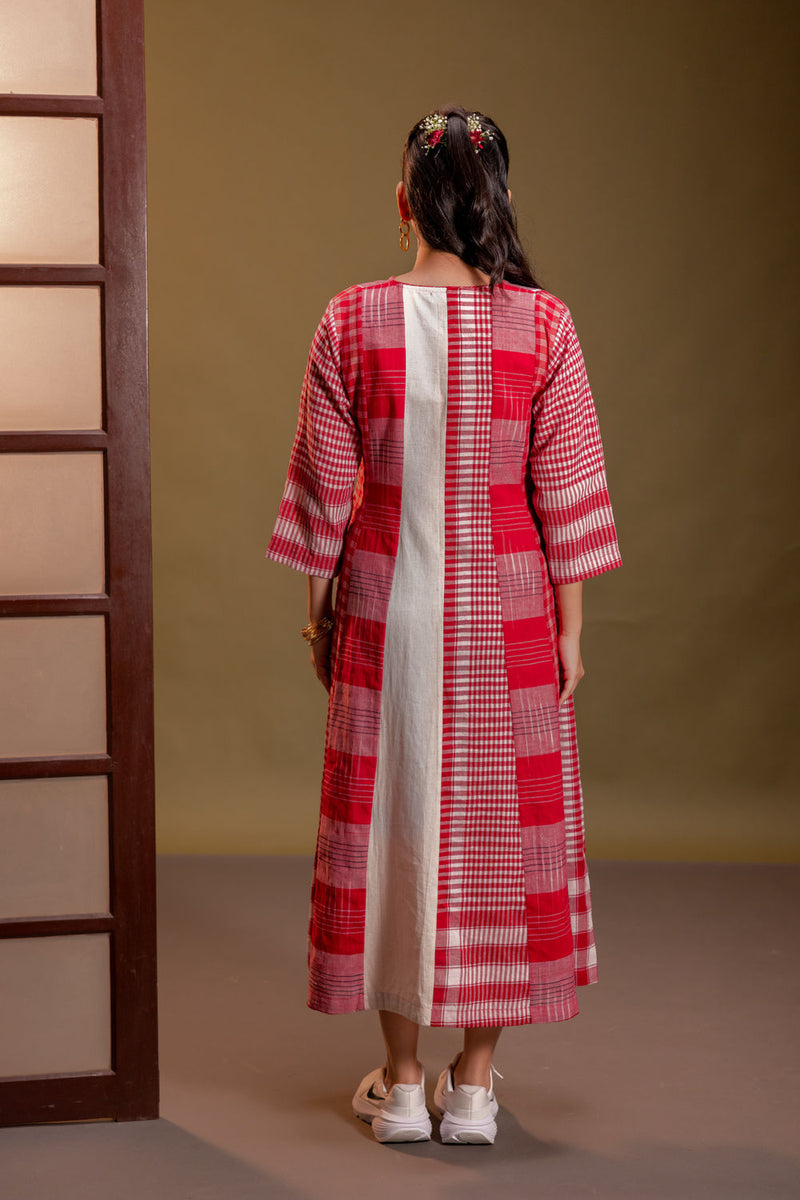 Muse 16 Panelled Dress cotton, gamcha dress by 145 East in red, white for women Worldwide