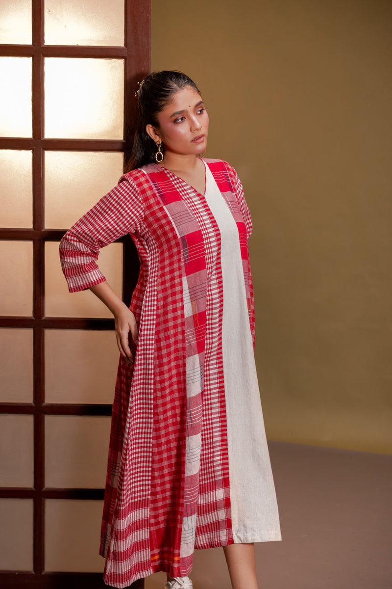 Muse 16 Panelled Dress cotton, gamcha dress by 145 East in red, white for women Worldwide