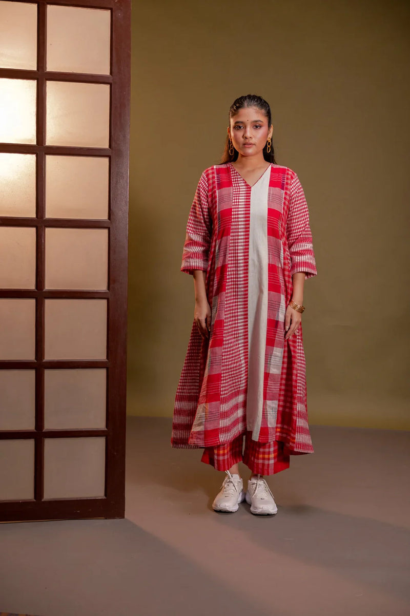 Muse 16 Panelled Dress + Palazzo (Set) cotton, gamcha co-ord set by 145 East in red, white for women Worldwide