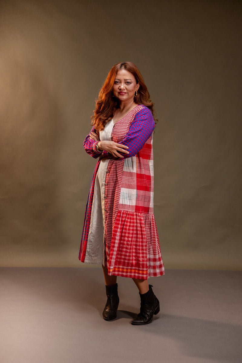 Vera Dress cotton, gamcha dress by 145 East in red, white, purple for women Worldwide