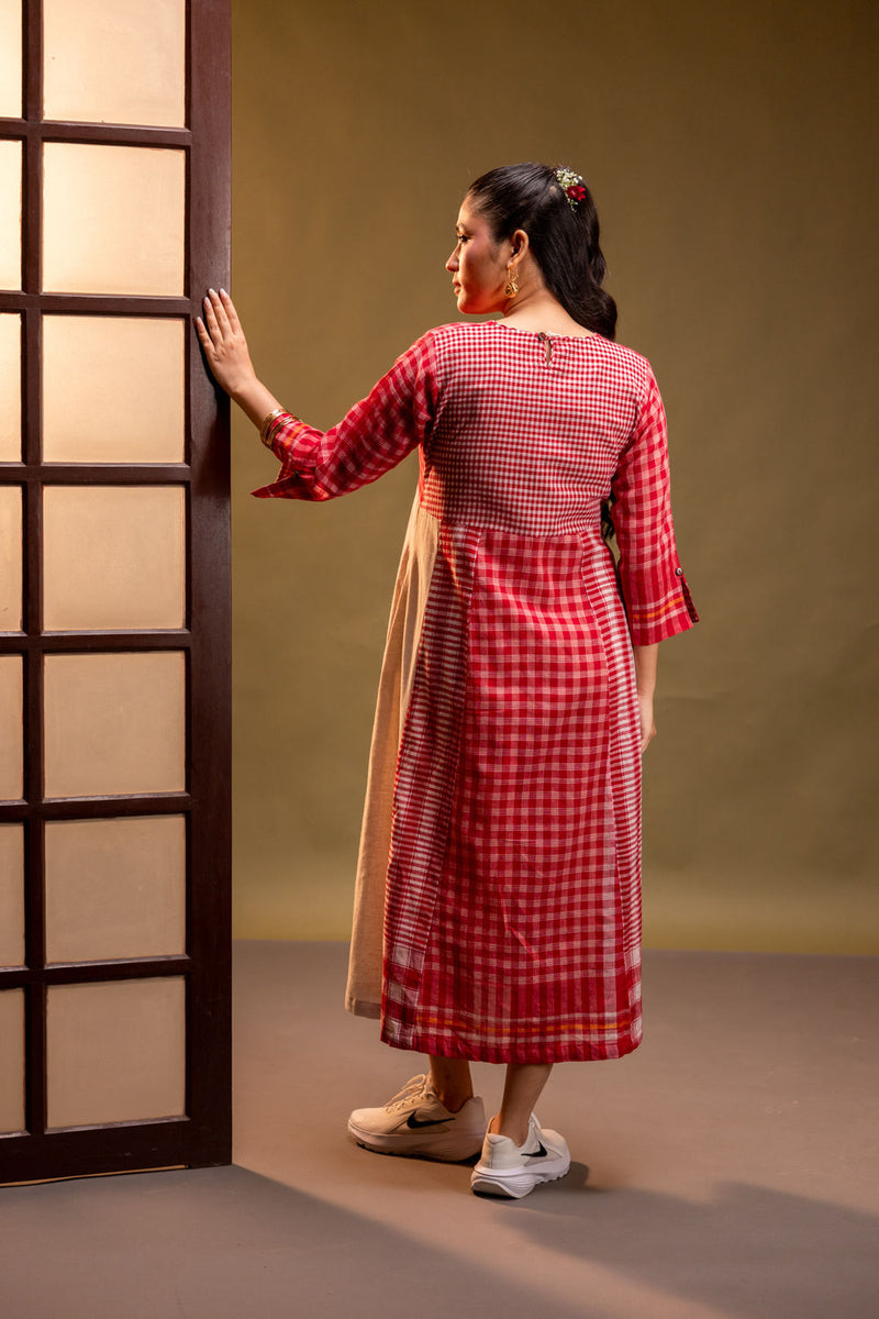 Ardor Panelled Dress cotton, gamcha dress by 145 East in red, white for women Worldwide