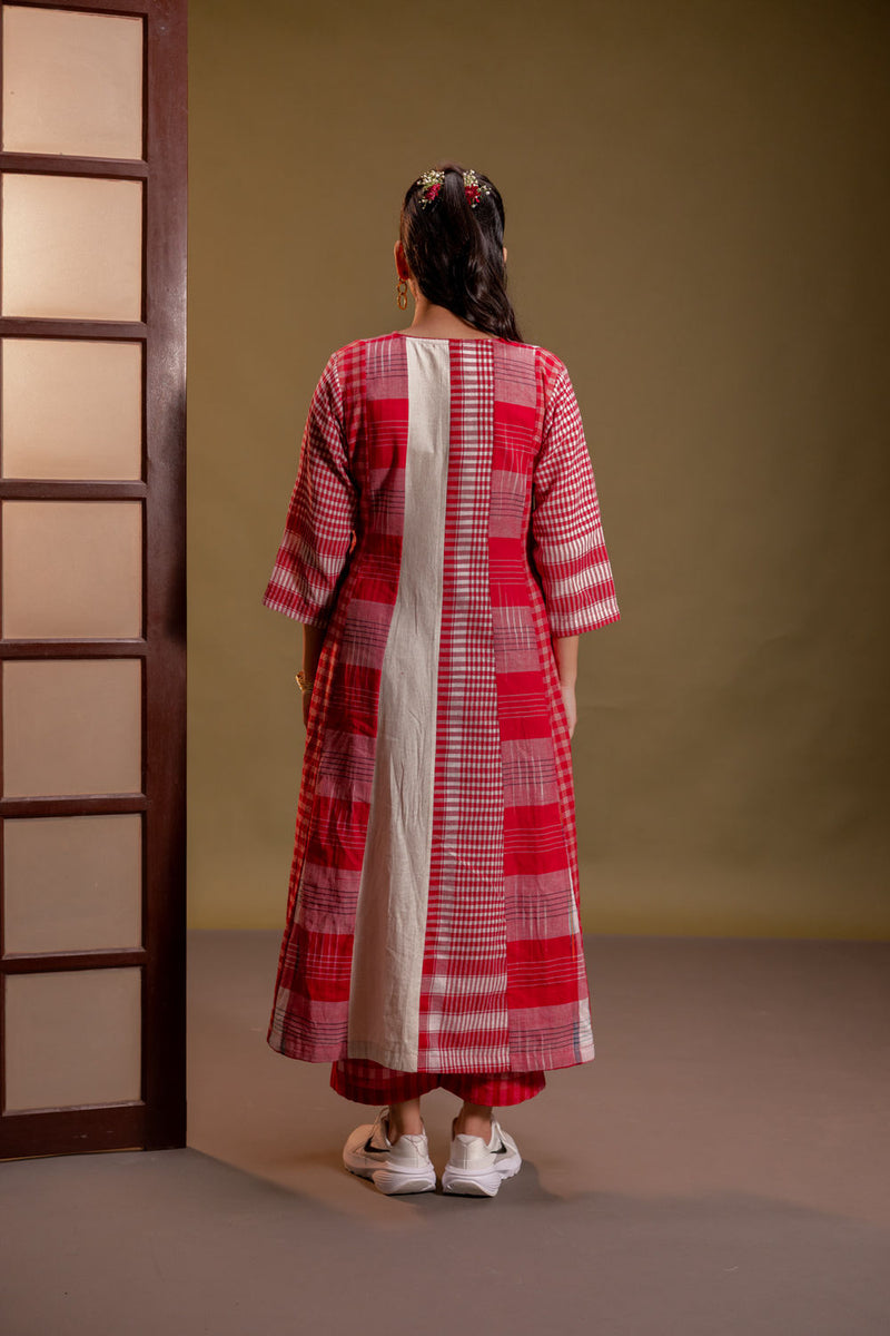 Muse 16 Panelled Dress + Palazzo (Set) cotton, gamcha co-ord set by 145 East in red, white for women Worldwide